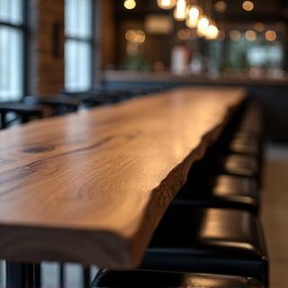 Long wooden communal table for lobby coworking
